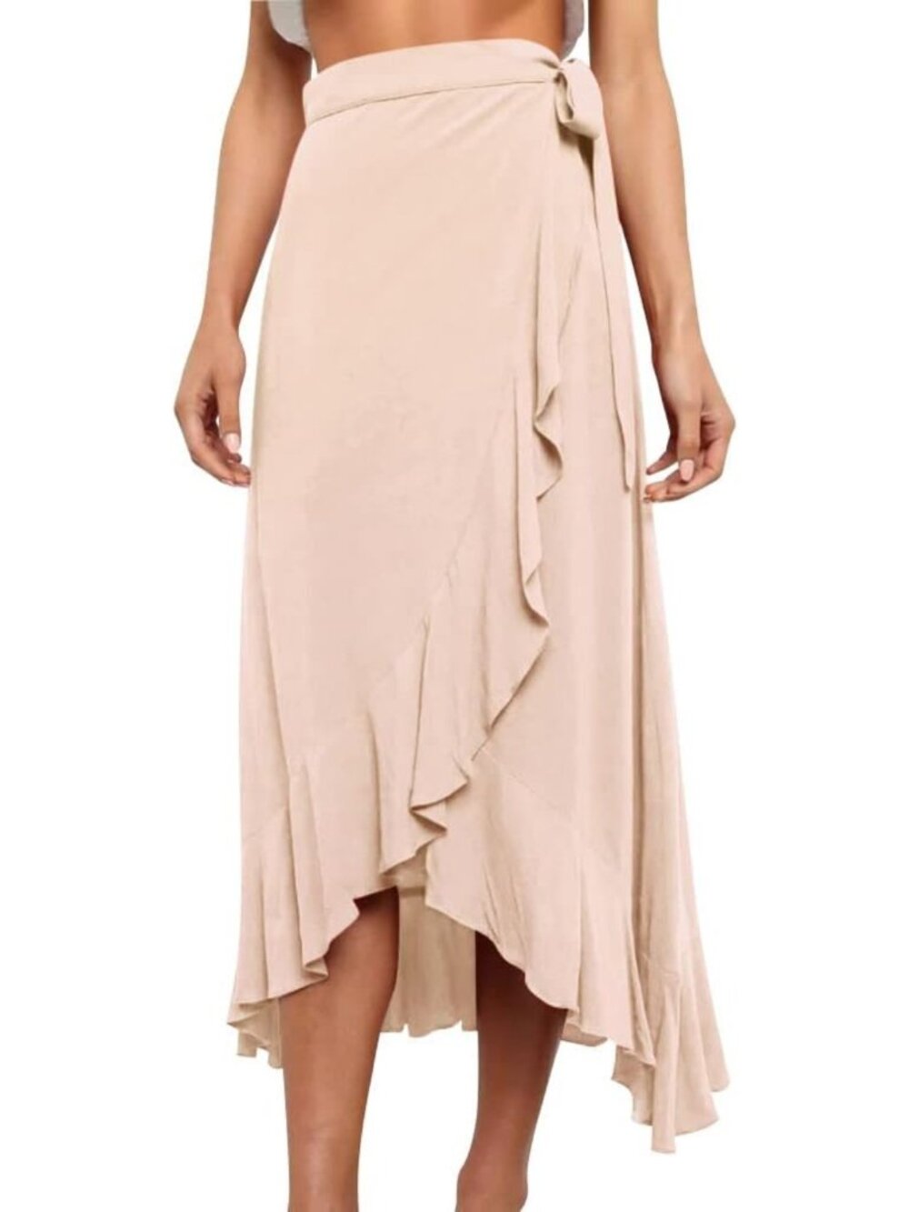 Boho Ruffle Wrap Skirt with Tie Waist - High Low Asymmetrical Midi Beach Style